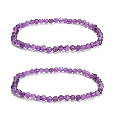 Imagem de 2 peças/conjunto de pulseiras modernas de cristal de ametista roxa natural de 4 mm, pulseiras de contas elásticas redondas facetadas para mulheres e homens