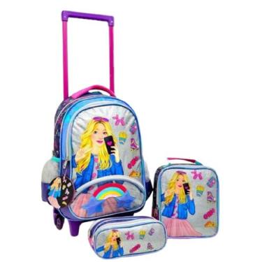 Imagem de Kit Mochila De Rodinha Juvenil Feminina Escolar 3 Peças - Denlex