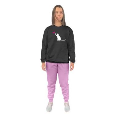 Imagem de Conjunto de Moletom Feminino Blusa Sem Capuz e Calça Jogger Estampado 