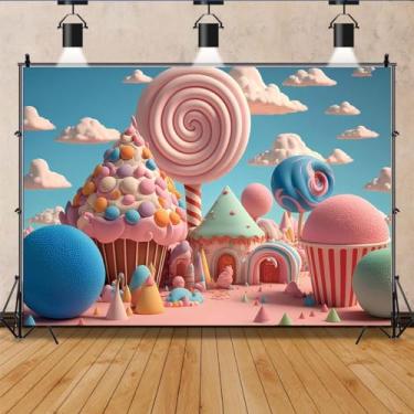 Imagem de ALELCJY Candyland Pano de fundo Candyland pirulito cenário de aniversário para meninas crianças montanha castelo candyland pirulito cenário de aniversário rosa adereços de festa decoração cabine de