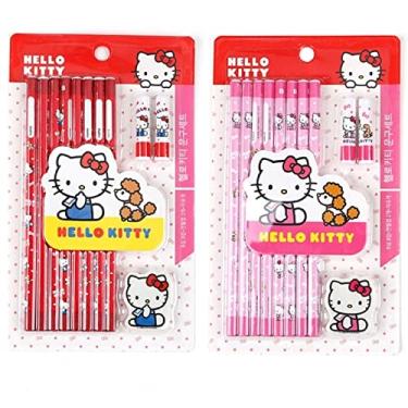 Imagem de GASHINA STORY Kitty Pencil Conjunto de 8 peças, borracha e tampa de lápis, artigos de papelaria para presente escolar (rosa ou vermelho)
