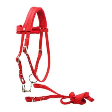 Imagem de menolana Freio de cavalo com cabeçada de rédea removível, sela sintética resistente, corda principal de cavalo, engrenagem equestre, S Red