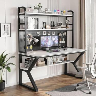 Imagem de Mesa de jogos com armazenamento, mesa de computador com prateleiras e mesa de pé - Mesa doméstica com combinação integrada de estante para trabalho e estudo, prateleira preta + branca, 80 x 60 x 170