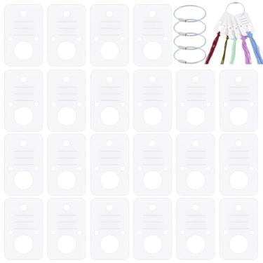 Imagem de BENECREAT 100 peças de gotas retangulares de fio dental, cartão de linha de enrolamento de papel branco, organizador de bobinas de linha de bordado com 4 peças de anel de ferro para pendurar para