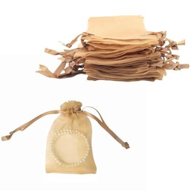 Imagem de QIANF 20 unidades, sacos de presente de organza dourada transparente 10 x 15 com cordão, sacos de malha para joias de doces, sacolas de lembrancinhas de festa de casamento, suprimentos de embrulho de