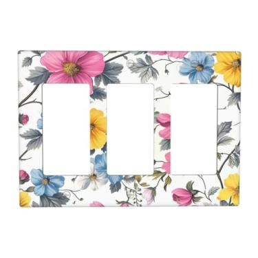 Imagem de Flores florais 3 Gang Rocker Light Switch Cover Plate Decorativa Tripla Tomada Placa de Parede GFCI Placa Elétrica Interruptor Dimmer para Casa de Banheiro Decoração de Quarto 6,7 x 4,8 polegadas