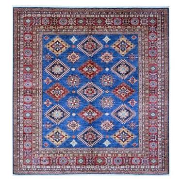Imagem de Shahbanu Rugs Tapete quadrado azul super kazak colorido medalhões afegãos de lã macia atada à mão (2,5 x 20 cm)