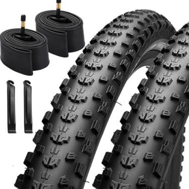 Imagem de Conjunto de pneus de mountain bike de 26/27,5/73,7 x 5,7 cm, pacote com 2, 26/27,5/29 x 2,25, pneus de mountain bike, Kevlar 60TPI dobráveis e pares de tubos internos de bicicleta de 26/27,5/29