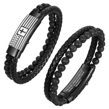 Imagem de VNOX Bracelete masculino de couro trançado feito à mão com mantra inspirador, ajustável, presente motivacional para homens, 8.3-9 inches, Bandeira americana - Salmo 91:11, Sem Pedra Preciosa