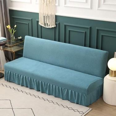 Imagem de Capa de futon sem braços com saia de babados, sofá-cama futon altamente elástica(Blue,Large (190-225cm))