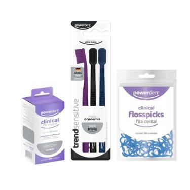 Imagem de Kit Higiene Bucal 3 Escovas De Dente Com Fio Dental Floss - PowerDent