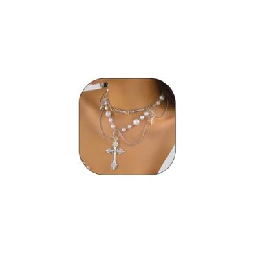 Imagem de Colar com pingente de pérola com cruz em camadas, corrente de elos finos de prata gótica, gargantilha com contas, crucifixo, estrela, colar, joia religiosa, presente, Large, Zinco, Sem Pedra Preciosa