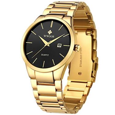 Imagem de WWOOR Relógio masculino de quartzo de aço inoxidável e metal preto e dourado para homens à prova d'água casual relógio de pulso com data.., Ouro analógico