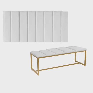 Imagem de Kit Painel Carla e Recamier Industrial 160cm Queen Size Box Ferro Dourado Suede Branco - Ahz Móveis