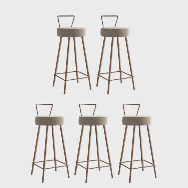 Imagem de Kit 05 Banqueta Alta Com Encosto Tais Eiffel Cozinha Bar Bistrô Ferro Bronze Suede Bege - Ahz Móveis