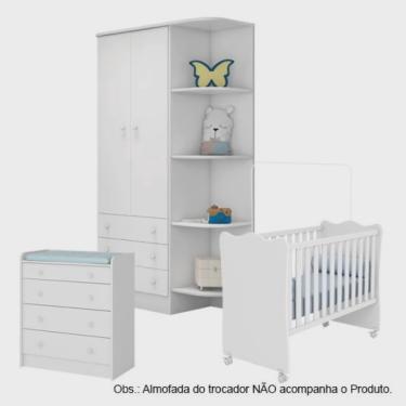 Imagem de Quarto de Bebê Completo Berço com Rodízios, Guarda Roupa e Cômoda Linha Doce Sonho Branco Qmovi - isishop moveis