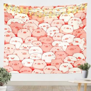 Imagem de Feelyou Tapeçaria de porco rosa de desenho animado infantil, tapeçaria de porcos de animais fofos, decoração de quarto de meninos e meninas, tapeçaria de parede com estampa de porco kawaii, arte de