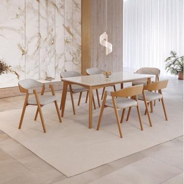 Imagem de Conjunto Sala de Jantar com Tampo de Vidro Monalisa 6 Cadeiras Gaia Espresso Móveis Mel Natural/Off White/Cinza