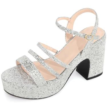 Imagem de Allegra K Sandálias femininas de salto grosso com tiras e tiras com glitter, Prata, 37