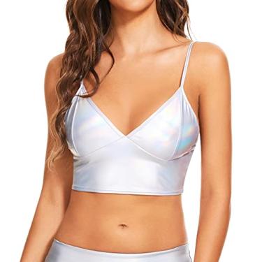 Imagem de Women's Metallic Crop Top Shiny Rave Bra for Dance Festivals Costumes Siliver Holographic L