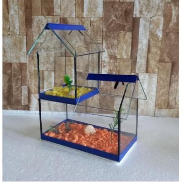 Imagem de Aquario Beteira Castelo Para Peixe Betta decorado pedrinhas e planta a