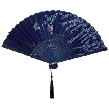 Imagem de Leque De Mão Japonês Bambu Madeira Tecido(Azul Marinho Sakura)