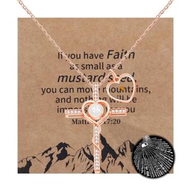 Imagem de Tobestu Colar de cruz de zircônia cúbica com projeção I Love You em 100 idiomas - joia inspiradora de semente de mostarda em forma de coração YA4789, Latão, Zircônia cúbica