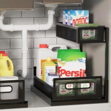 Imagem de Ufriandz Organizador sob a pia organizador de armário de 2 camadas para cozinha, banheiro, prateleiras embaixo da pia em forma de L, sem furadeira, com gaveta deslizante, armazenamento que economiza
