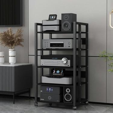 Imagem de LGEOELIAS Suporte de áudio de 3/4/5/6 níveis com prateleira de madeira e estrutura de aço, gabinete de armazenamento de componentes estéreo de entretenimento moderno, suporte para leitor de CD para