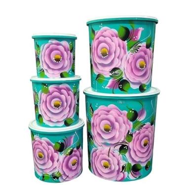 Imagem de Kit Mantimento 5 Peças Decorado A Mãojogo De Mantimento Lata Plástico,Organizador Alimentos(AZUL ROSA,5 peças)