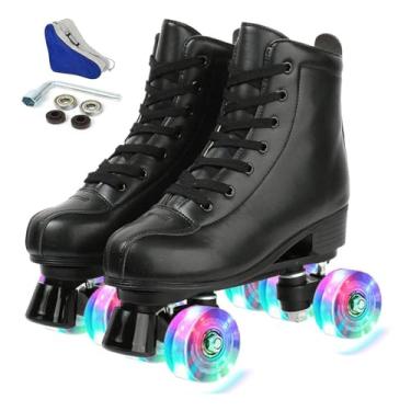 Imagem de Patins femininos com rodas iluminadas, couro artificial ajustável, fileira dupla, 4 rodas, patins pretos brilhantes para uso externo (roda flash, 41)