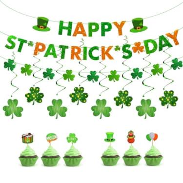 Imagem de AhfuLife Decorações de Dia de São Patrício, 3 faixas de trevo de trevo, 8 peças de decoração de redemoinhos pendurados de trevo e 6 peças de palito de dente irlandês, enfeites de festa irlandesa, conjunto de lembranças de festa de aniversário (conjunto de decorações de Dia de São Patrício)