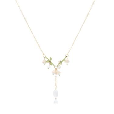 Imagem de Colar feminino com folhas de flor rosa e lírio do vale, banhado a ouro, boho, branco, flores, borla, pérola, verde, folha, casamento, casamento, primavera, férias, presentes, Large, Liga de aço