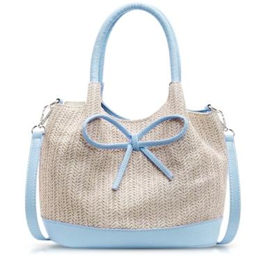 Imagem de QTKJ Bolsa feminina com gravata borboleta, bolsa de praia de palha de grande capacidade, bolsa para viagens de férias diárias (azul), Azul, One Size