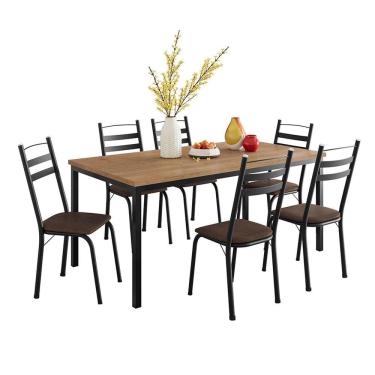 Imagem de Conjunto de Mesa Retangular com Tampo de MDP Amadeirado e 6 Cadeiras Adriana III Revestimento Sintético Imbuia e Preto