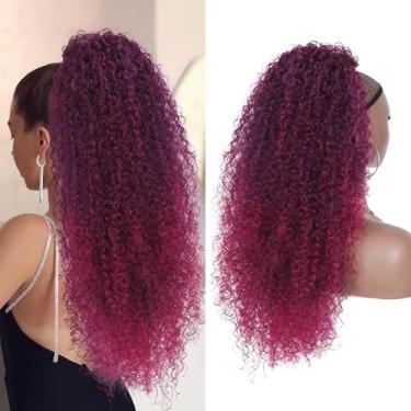 Imagem de Alebery Extensão De Rabo Cavalo Com Cordão 27" Para Mulheres Negras, Cacheado Profundo, Sintético, Misturado Apliques Cabelo Humano, Crespo Afro, Uso Diário (Roxo E Vermelho)