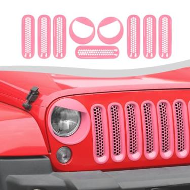 Imagem de SQQP Inserção De Grade Malha + Acabamento Para Farol E Luz Seta Estilo Angry Birds, Compatível Com Jeep Wrangler Jk Jku 2007-2018 (Rosa)