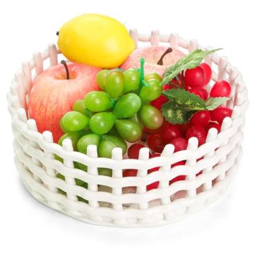 Imagem de WRINGKIT Tigela de frutas de cerâmica branca, cesta redonda de pão de 20 cm para balcão de cozinha, tigelas decorativas vazadas para decoração de mesa doméstica, tigela organizadora moderna de lanches