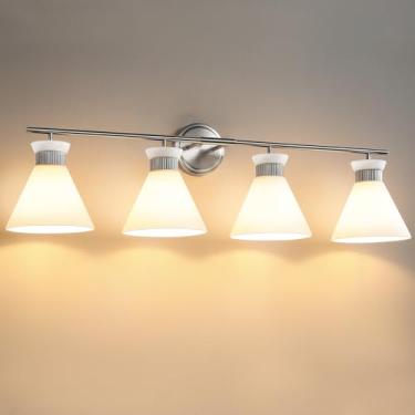 Imagem de WOSHITU Luminárias Para Banheiro: Penteadeira De Níquel Escovado Com 4 Luzes Sobre O Espelho Cúpula Vidro Fosco Branco Leitoso, Arandela Estilo Fazenda 36" (Exceto Lâmpada E26)