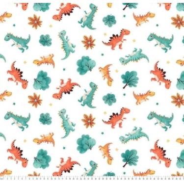 Imagem de Tecido Tricoline Estampado Dinossauros T-Rex, 150cm x 50cm, Caldeira, Tecido Infantil em Branco com Estampa Colorida