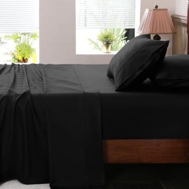 Imagem de Overket Lençóis Queen Size com lateral extraprofunda de 45 a 61 cm, 1000 fios, 100% algodão egípcio, trama de cetim macio, respirável, 4 peças, preto