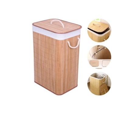 Imagem de Cesto Roupa Banheiro Lavanderia Bambu Natural Forro Algodão Tampa Mult