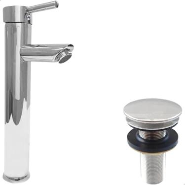 Imagem de Dona D Cor, Kit Torneira Inox Bica Alta Redonda Monocomando Misturador Cromada e Válvula Click 7/8" Brilhante Lavabo Banheiro Pia Aço Inox Escoamento 30mm