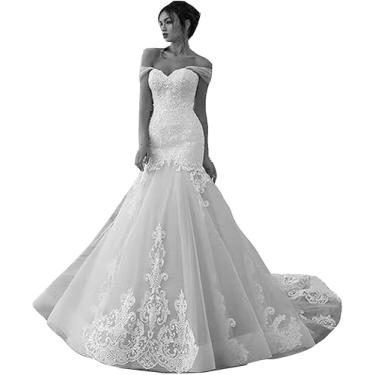 Imagem de Vestido De Noiva Sereia Ombro A Ombro Feminino Lace Applique Vestido De Noiva Vestido De Tule, White, 24