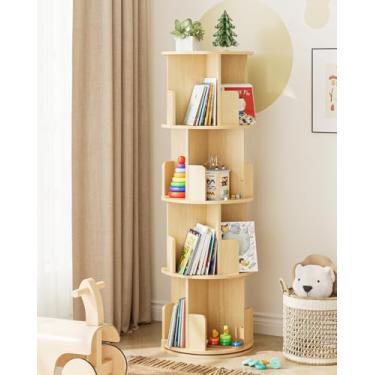 Imagem de Masupu Estante rotativa, estante giratória de 4 camadas Lazy Susan, torre de armazenamento de prateleira de livros giratória 360, estante rotativa redonda para quarto, sala de estar, canto (natural)