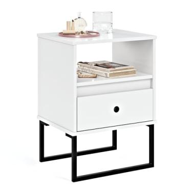 Imagem de Mesa De Cabeceira Criado Mudo Box 1 Gaveta Quarto Cama Pés Aço Industrial (Branco)