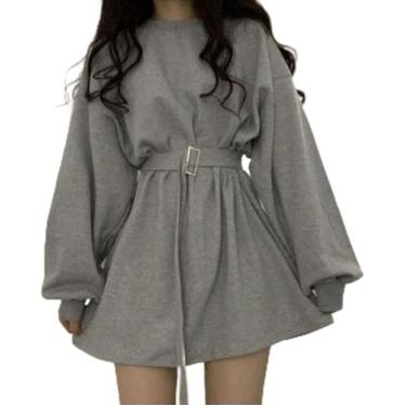 Imagem de Vestido De Manga Longa Para Mulheres Sólido Harajuku Retro Cintura Alta Casual Streetwear Moda De Outono Faixas Slim Estilo Coreano Aconchegante Linha A, Grey, XXL