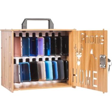 Imagem de Armário De Telefone Celular Com Trava De Madeira Organizador De Cofre De Celular Recarregável 16/36 Posição Portátil Com Alça De Transporte Para Empresa Escolar, Wood Color, 16 slots