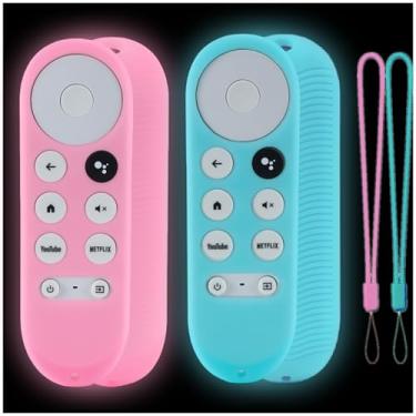 Imagem de Taiyiluo Pacote com 2 capas de controle remoto para Chromecast 2020 com controle remoto por voz do Google TV, para Google Chromecast 4K + capa rosa brilhante e azul celeste brilhante