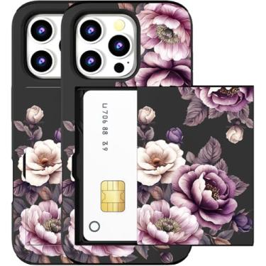 Imagem de MUQR Capa compatível com iPhone 16 Pro com suporte de cartão fofo - Design Kawaii, proteção contra quedas de nível militar, capa carteira robusta para mulheres (flores rosas pretas e rosas)